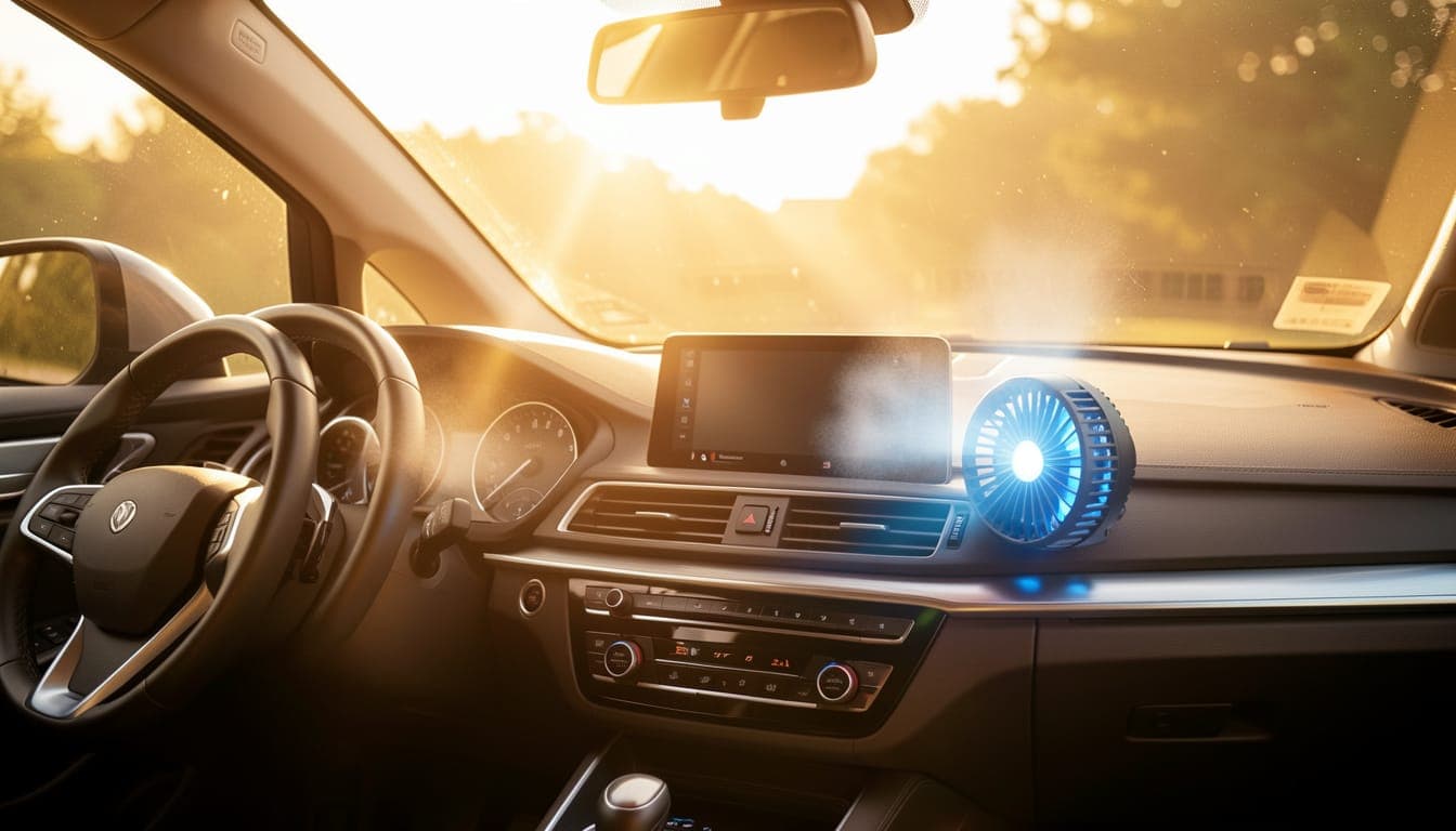 A sleek modern car with cool blue air flowing from its air conditioning vents, representing the feeling of escaping summer heat on a scenic road.