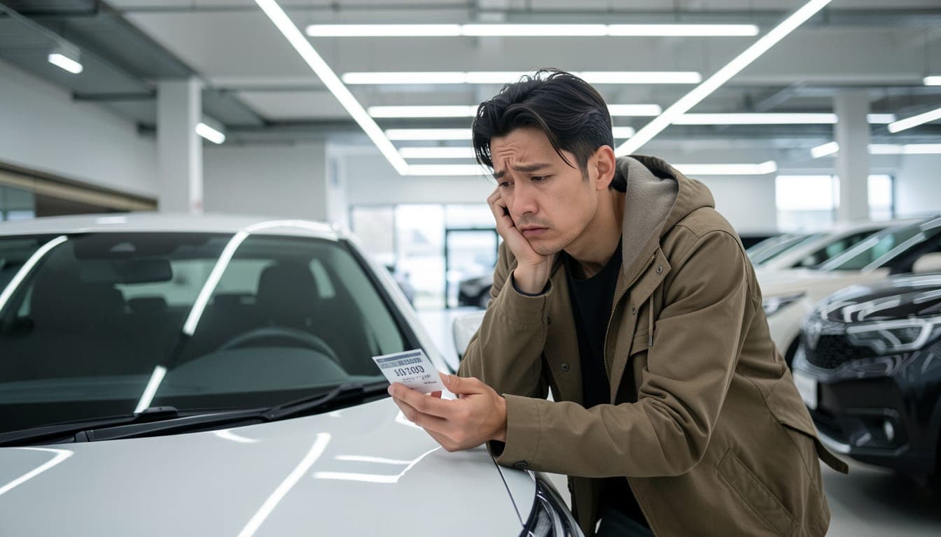 A person looking at a car price tag with a worried expression, symbolizing the car affordability crisis