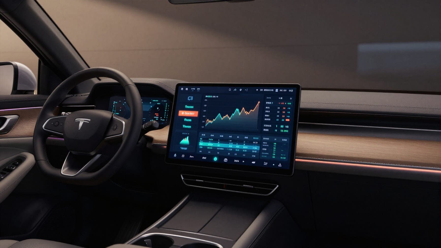 A modern car dashboard with a futuristic stock market display showing real-time automotive stock data