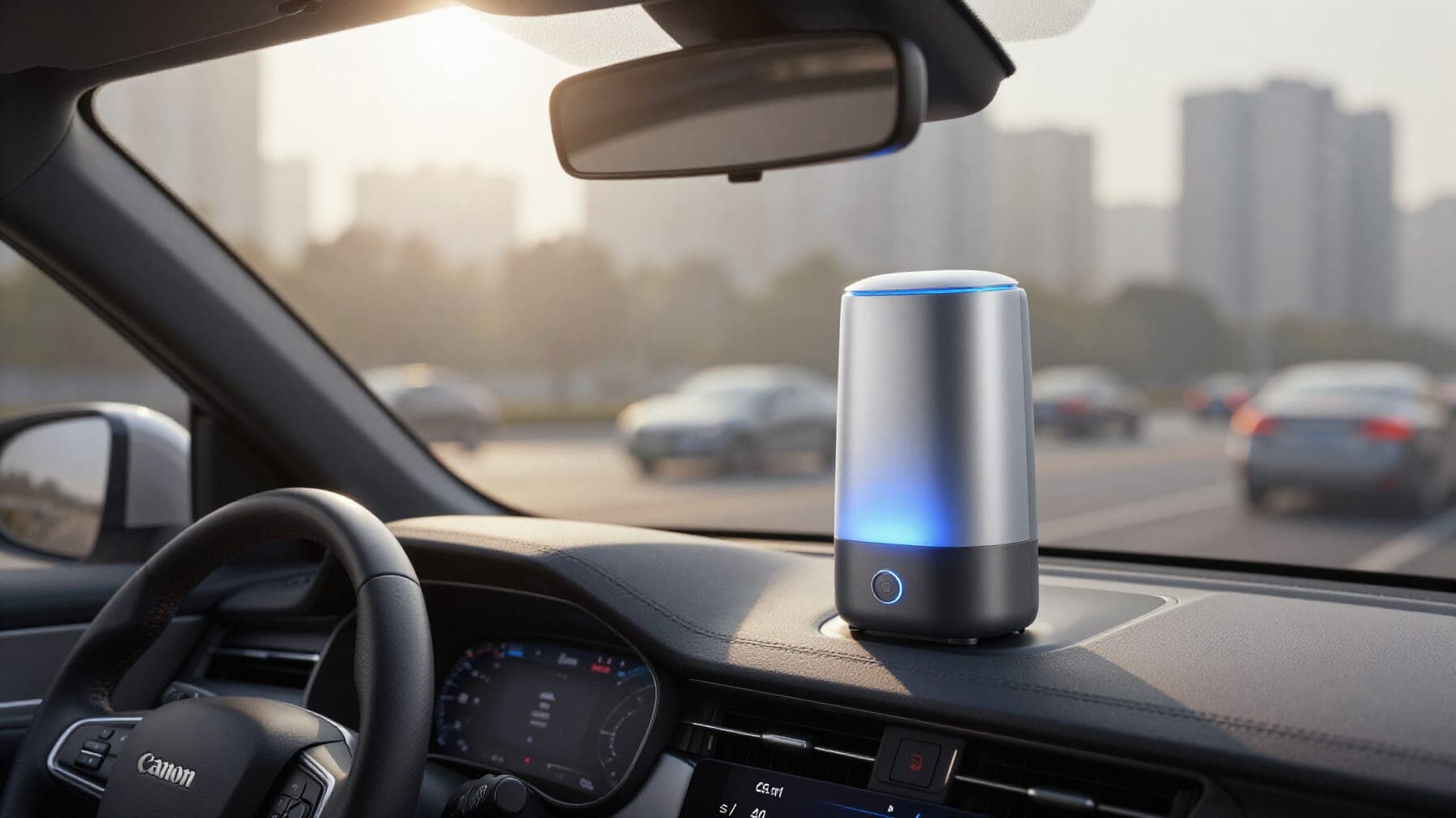 A sleek car air purifier on a dashboard with a city skyline in the background