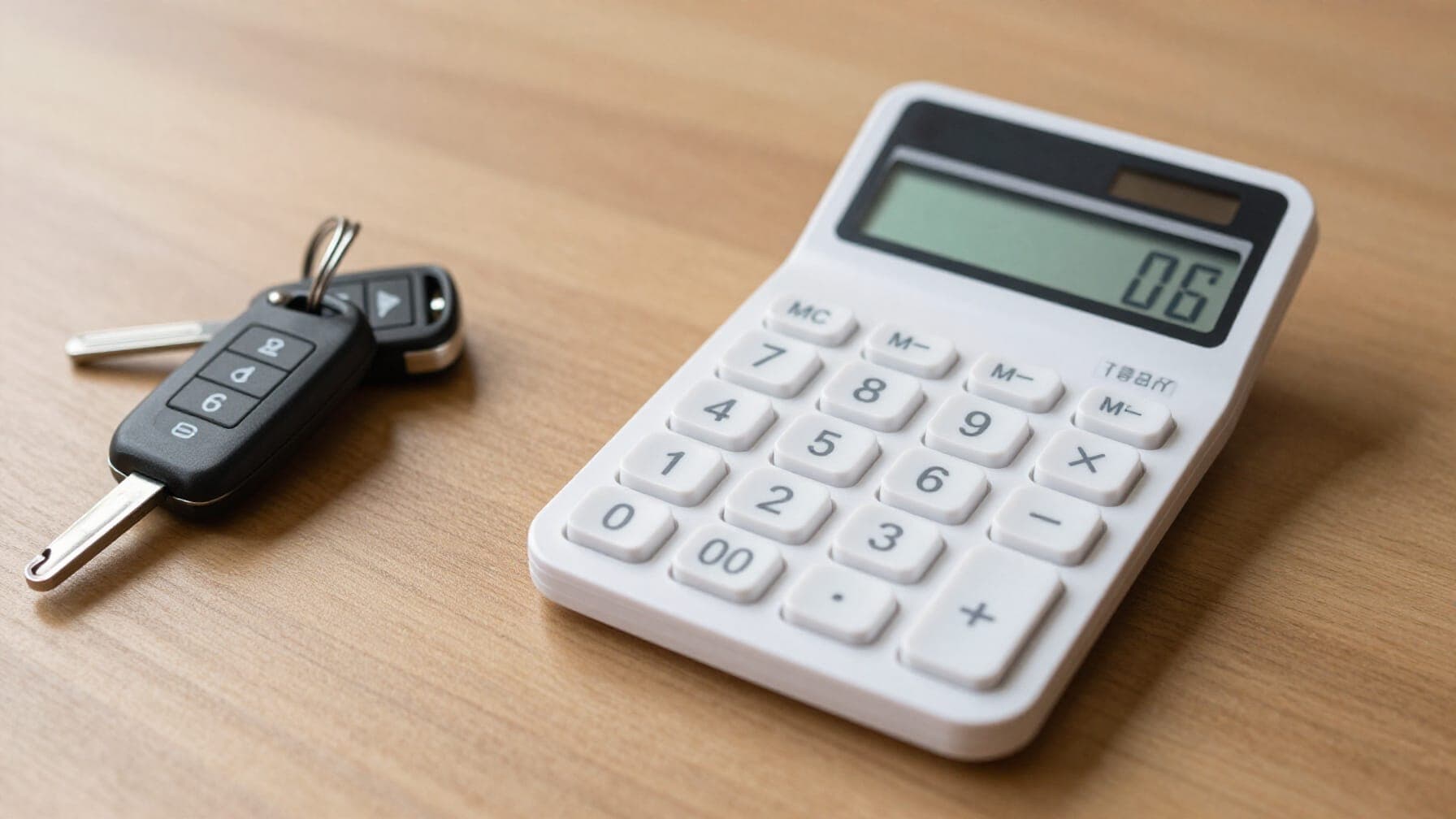 A clean calculator on a desk next to car keys