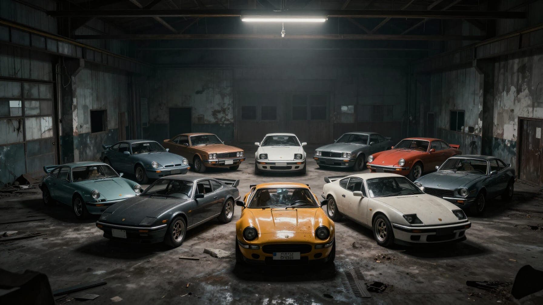 A dramatic collage of automotive failures including the Ford Edsel, Cadillac Cimarron, and DeLorean DMC-12 in a dim industrial garage