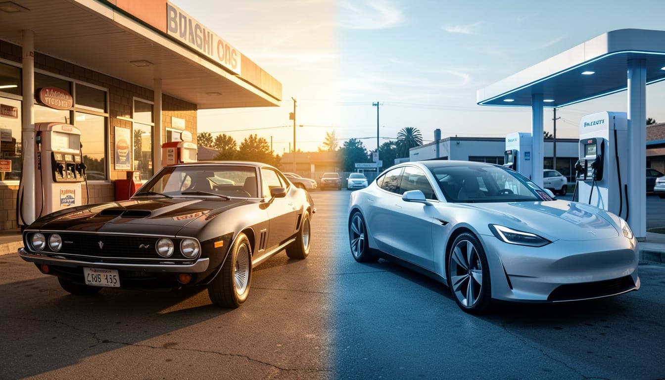A classic gasoline sports car merging into a futuristic electric version of the same car