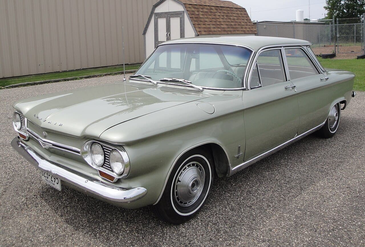 The Chevrolet Corvair, America's first rear-engine car, with its distinctive sloping rear