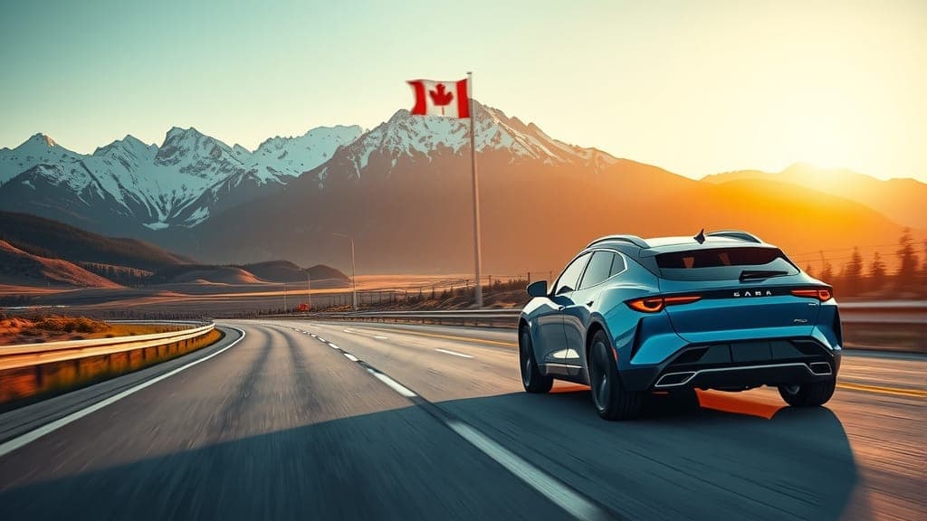 A sleek Lotus Eletre luxury SUV on a Canadian highway with the Canadian flag in the background, representing the arrival of Chinese luxury EVs to Canada