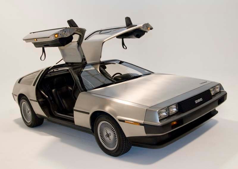 The DeLorean DMC-12, a stainless steel sports car with gull-wing doors
