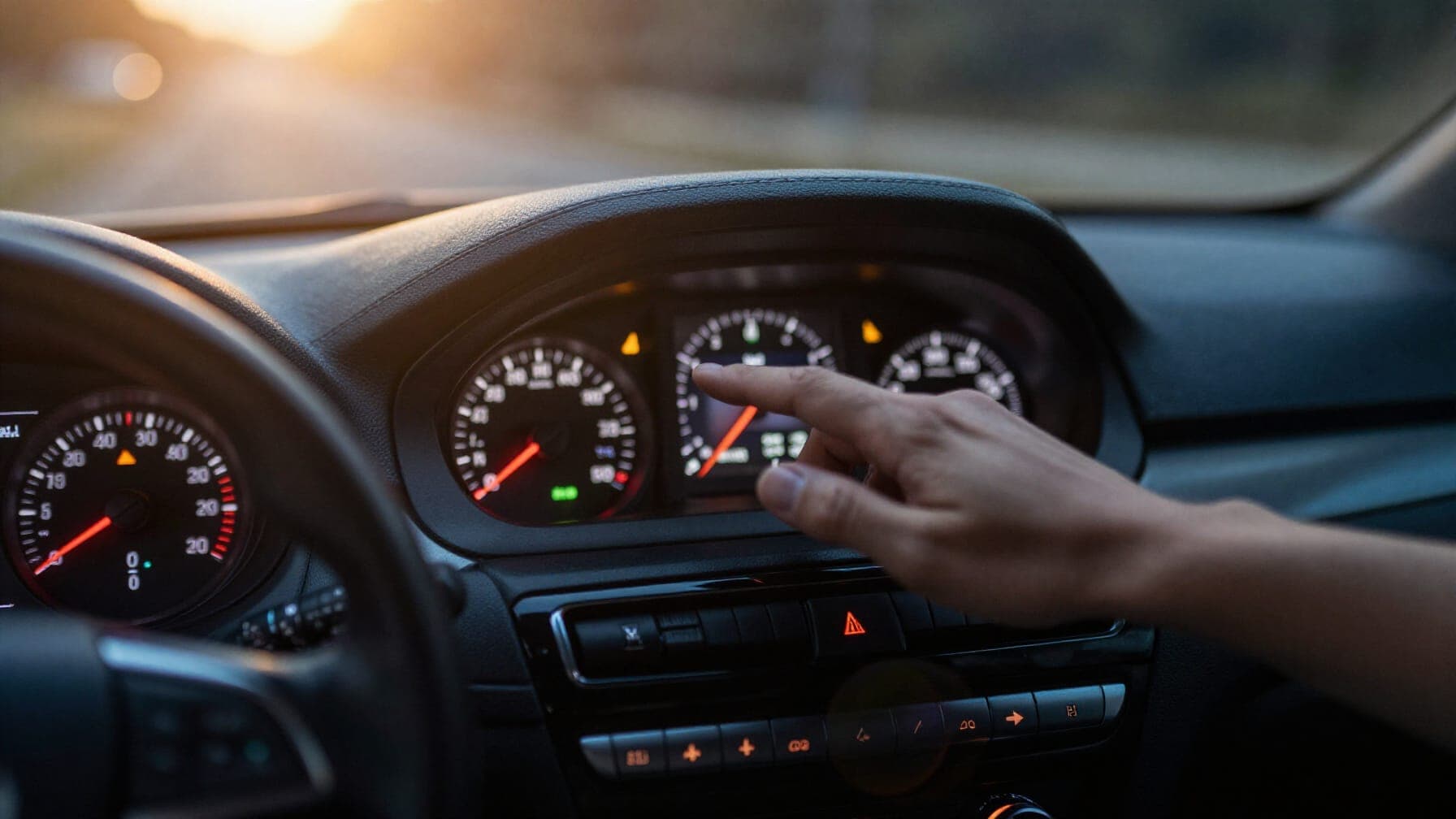 A car dashboard with various warning lights and instruments, symbolizing the confusion of driving myths