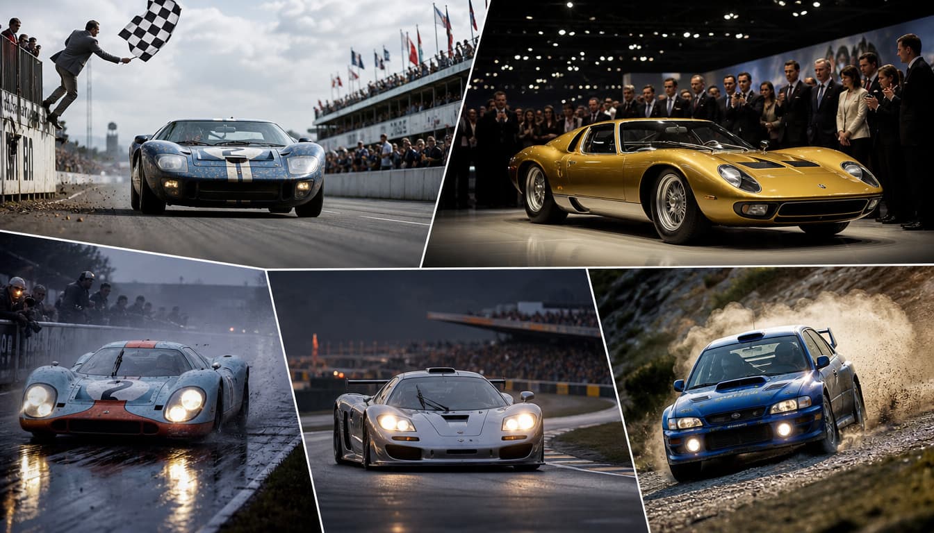 A dramatic collage showing the Ford GT40, Lamborghini Miura, Porsche 917, McLaren F1, and Subaru Impreza in moments of triumph