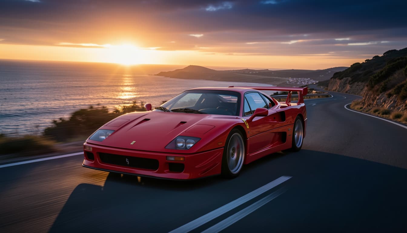 A dramatic cinematic shot of a Ferrari F40 in Rosso Corsa on a winding coastal road at sunset