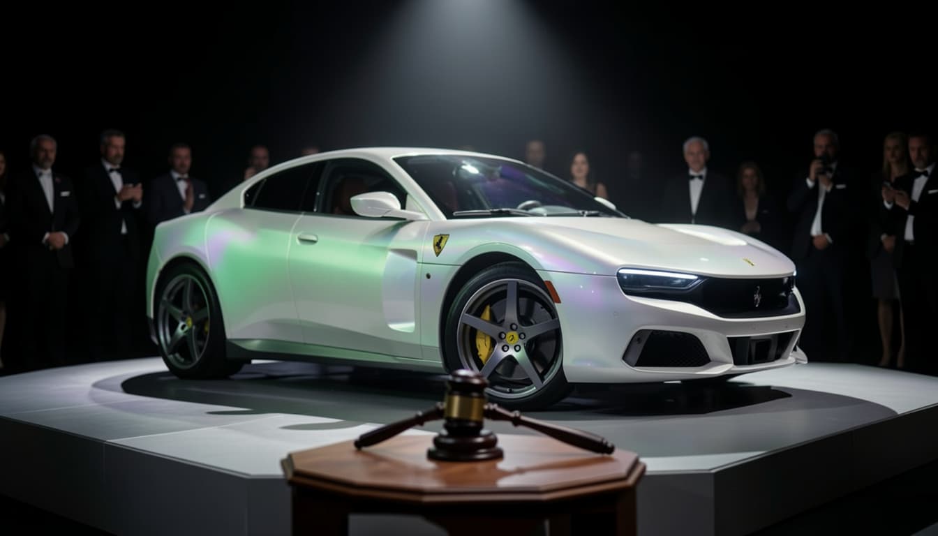 A dramatic shot of a pearl-white Ferrari Luce Chassis 0 on an auction block at Monterey Car Week, with a gavel and spotlight
