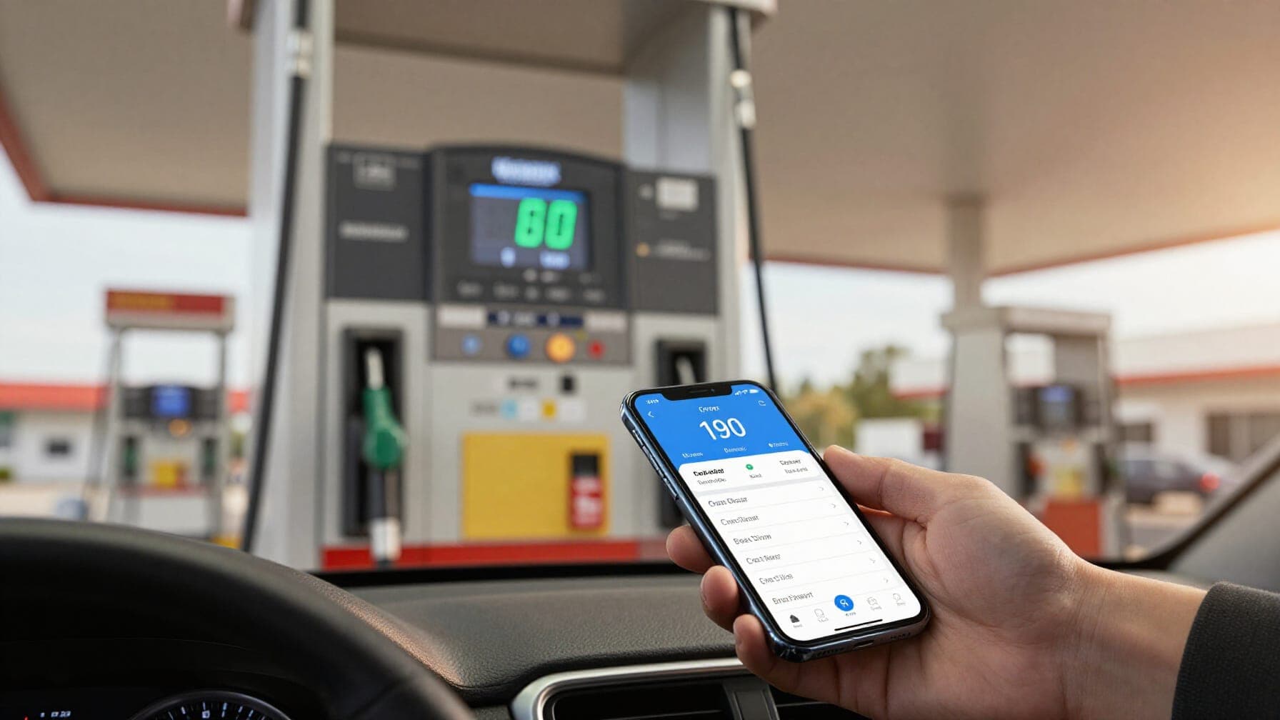 A car at a gas station with a smartphone showing a fuel cost calculator