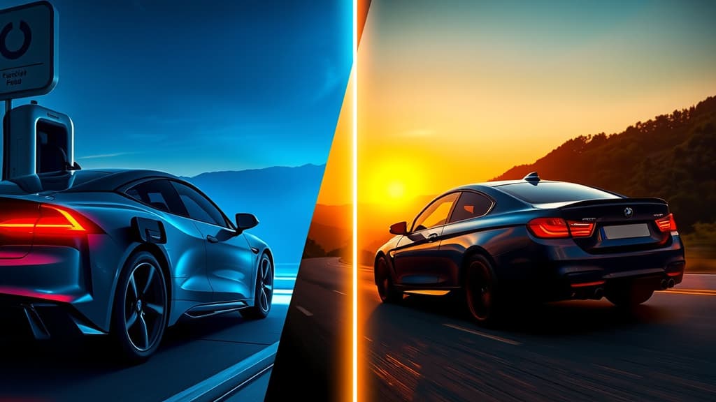 A split image showing a modern electric car charging on one side and a vintage BMW being driven hard on a mountain road on the other