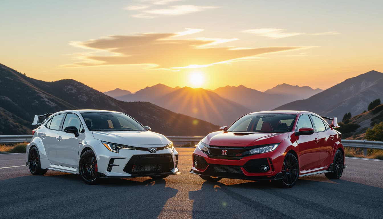 A 2026 Toyota GR Corolla and Honda Civic Type R parked side-by-side on a mountain road