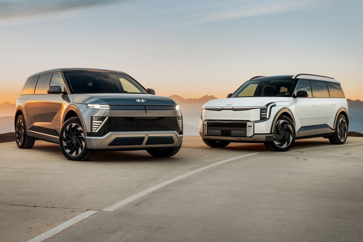A side-by-side comparison shot of a 2026 Kia EV9 and a 2026 Hyundai Ioniq 9 on a scenic mountain road at sunset