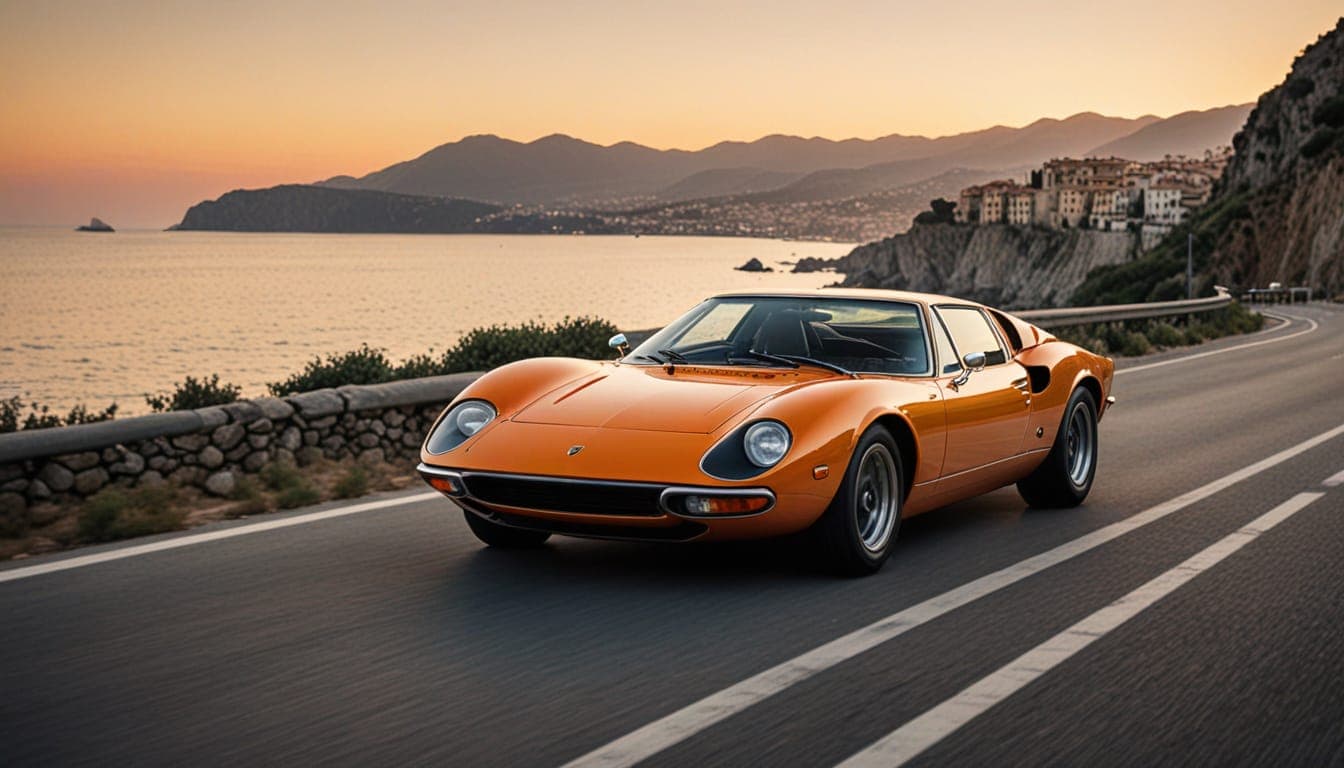 A dramatic low-angle shot of a Lamborghini Miura P400 in striking orange on a winding Italian coastal road at sunset