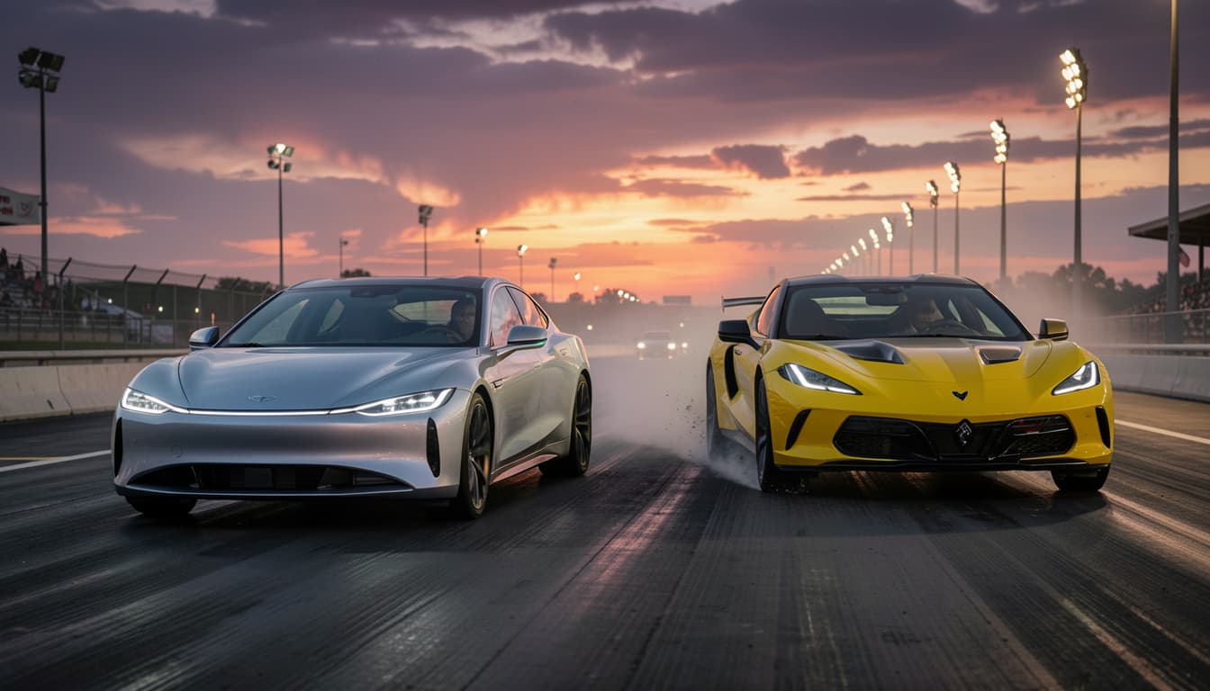 A dramatic shot of a Lucid Air Sapphire and Corvette ZR1X lined up at a drag strip at dusk, with the Lucid pulling ahead