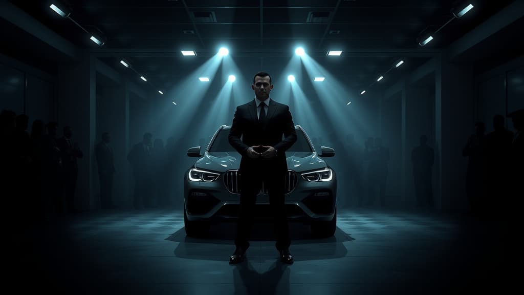 A dramatic showdown scene showing a bold figure standing alone against a group of shadowy figures in a modern auto showroom