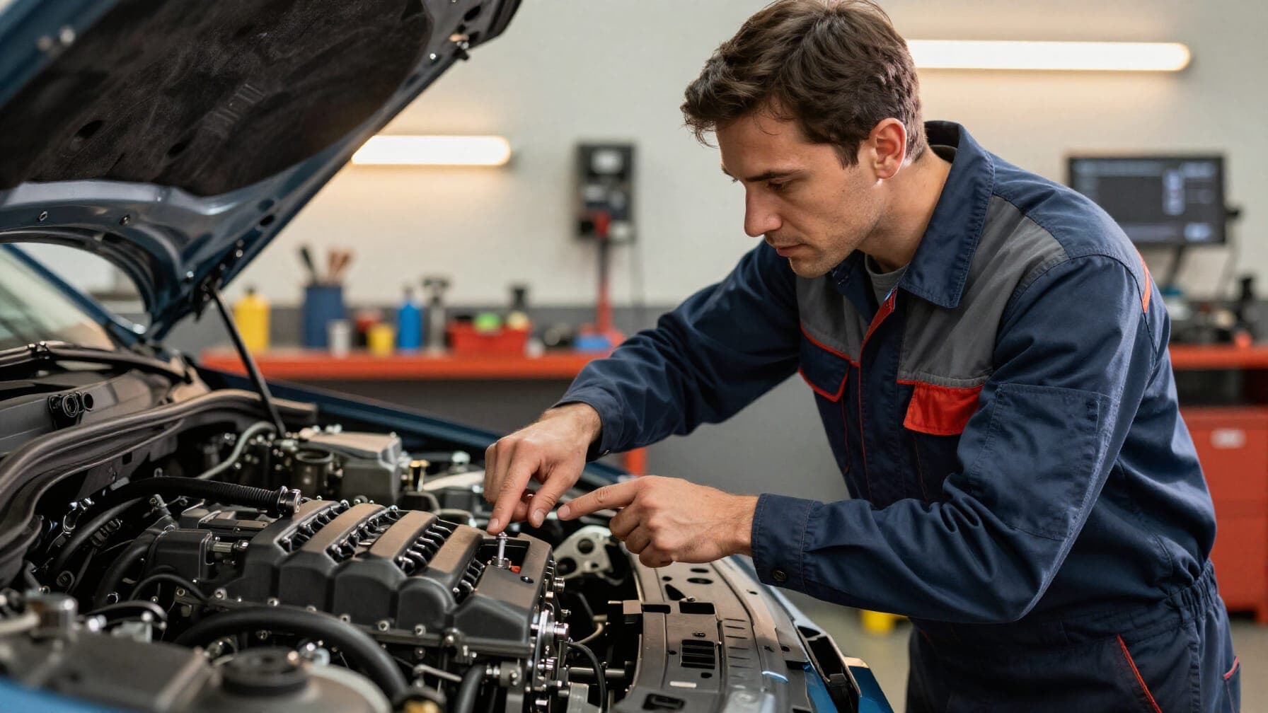 A mechanic inspecting a car engine in a well-lit garage