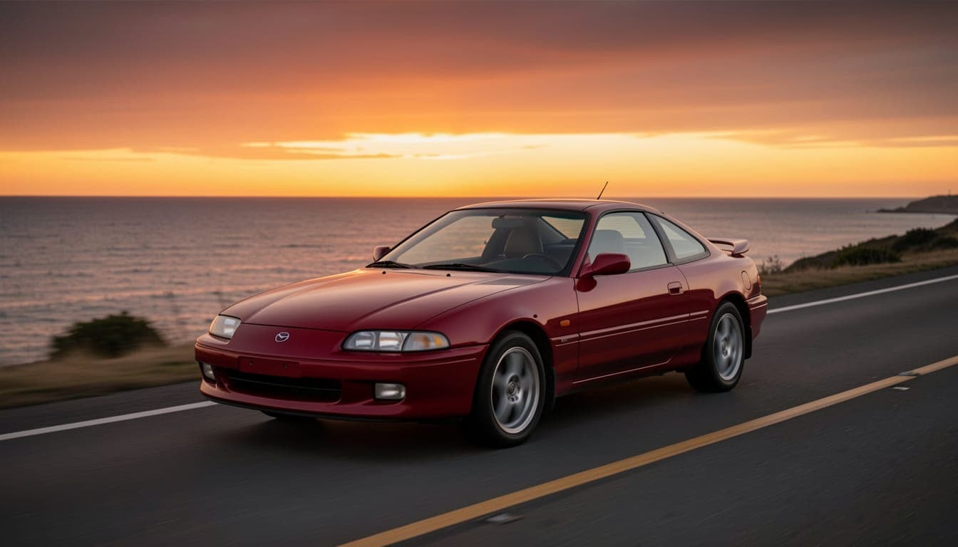 A pristine second-generation Mazda MX-6 coupe on a scenic coastal road
