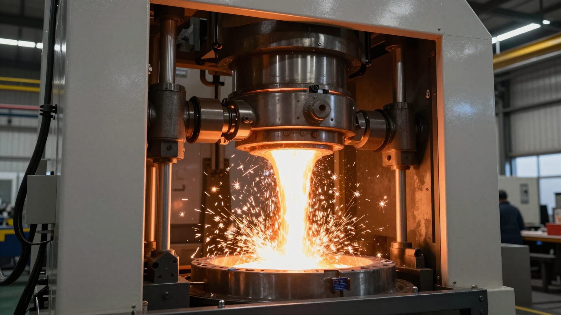 A massive Giga Press machine in a modern automotive factory, pouring molten aluminum into a die