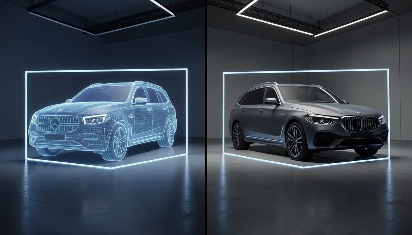 A dramatic split-screen image showing a Mercedes-Maybach GLS and BMW, with a mouse selection box framing an AI-generated ghost car
