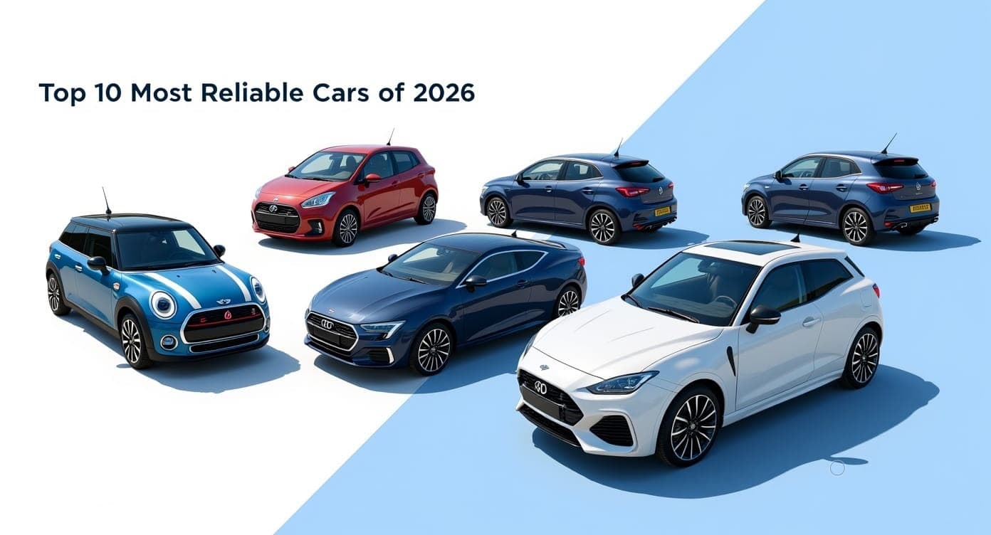 A clean infographic-style lineup of the top 10 most reliable cars of 2026 in a grid formation