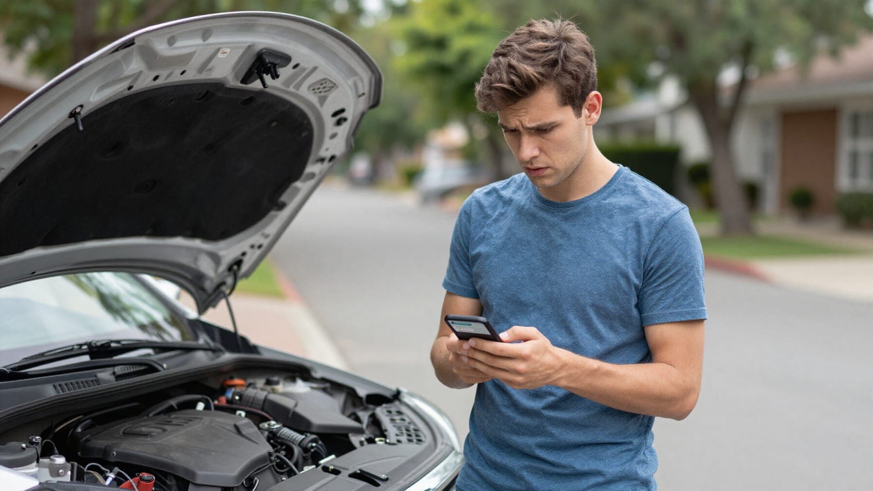 A young driver looking confused while standing next to an open car hood, holding a smartphone