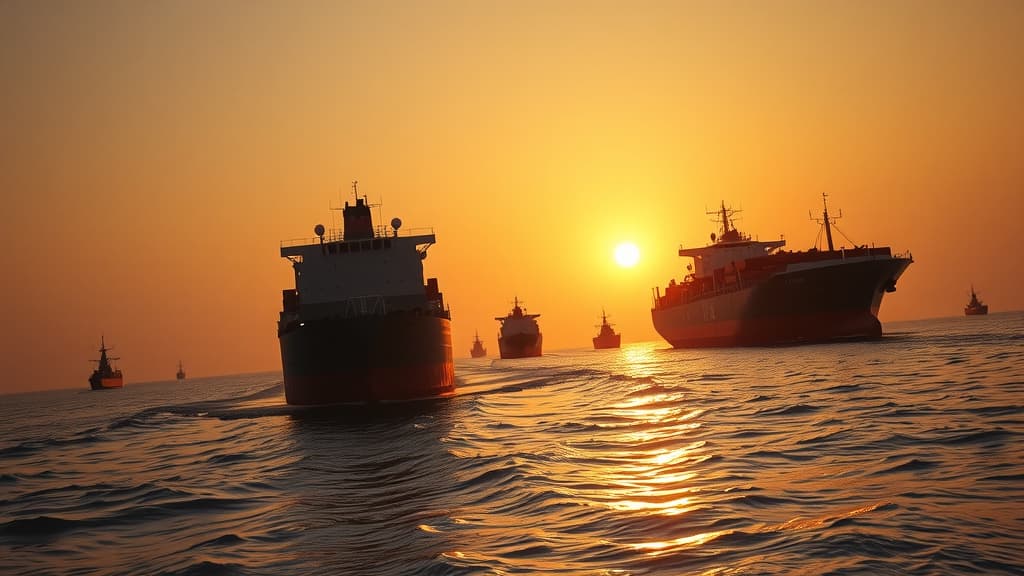 Oil tankers navigating through the narrow Strait of Hormuz at sunset with warships visible in the background