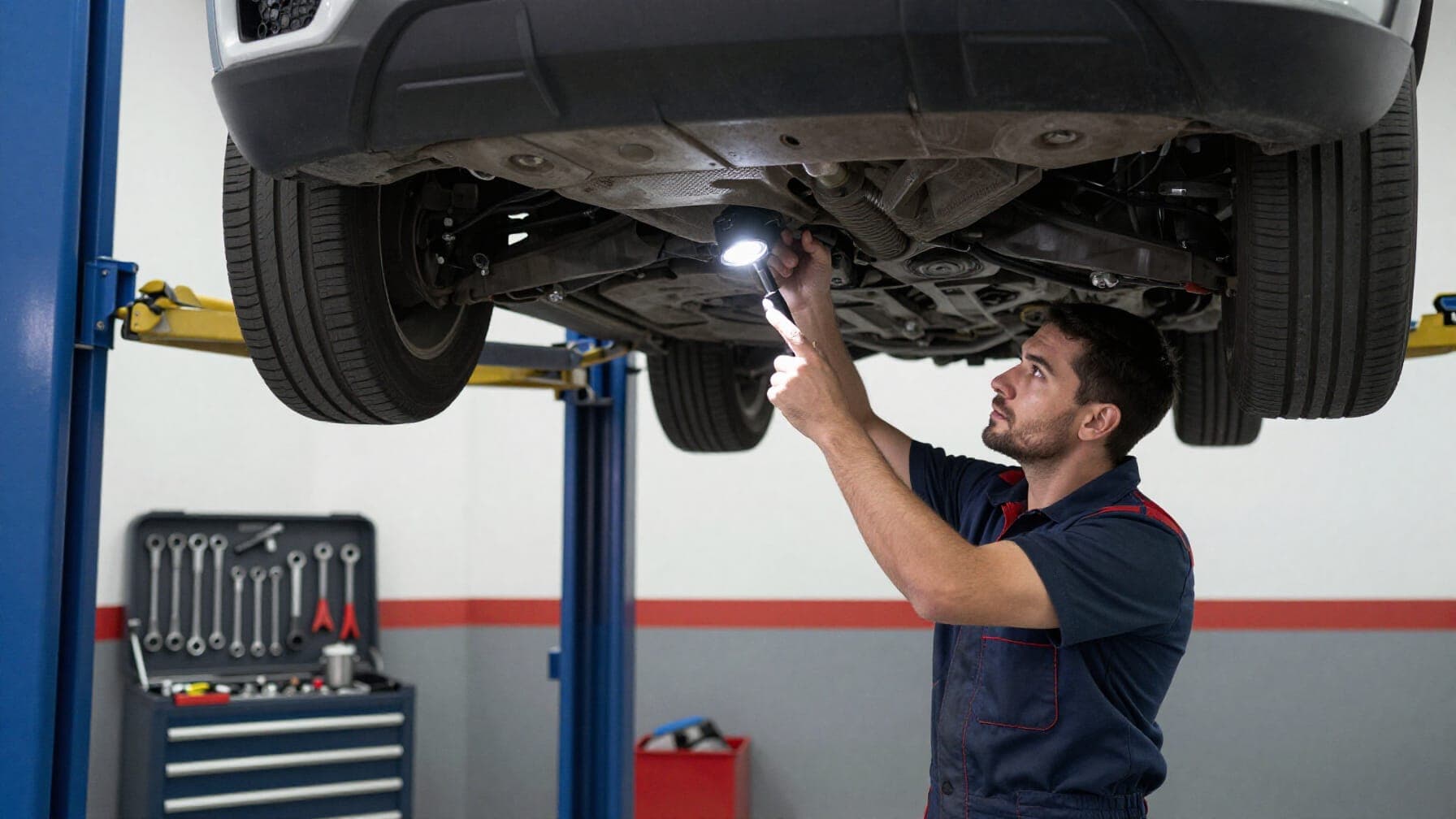 A mechanic inspecting the underside of a car on a lift