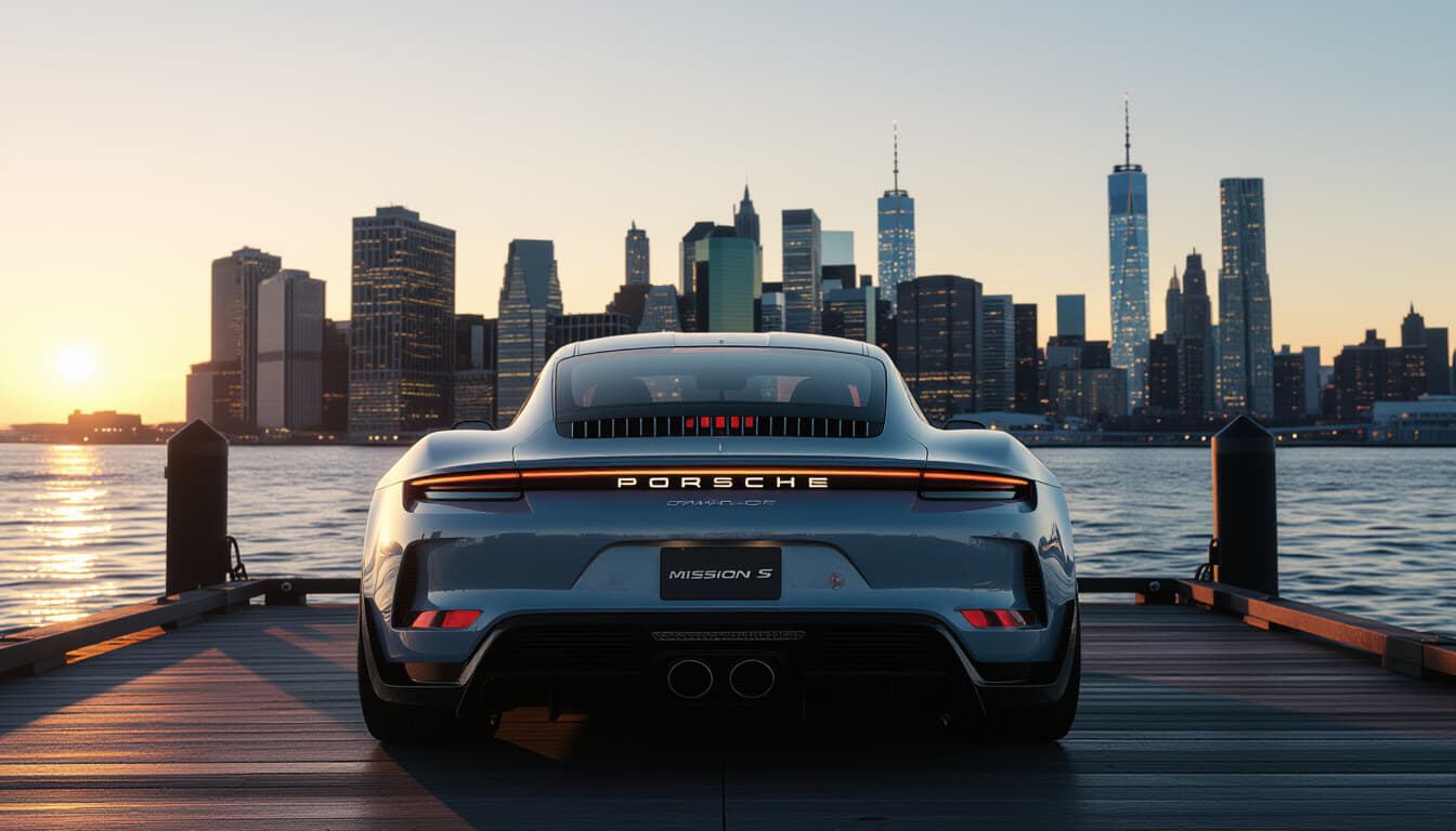 A dramatic shot of the Porsche Mission S concept on a pier in Queens, New York, with the Manhattan skyline in the background