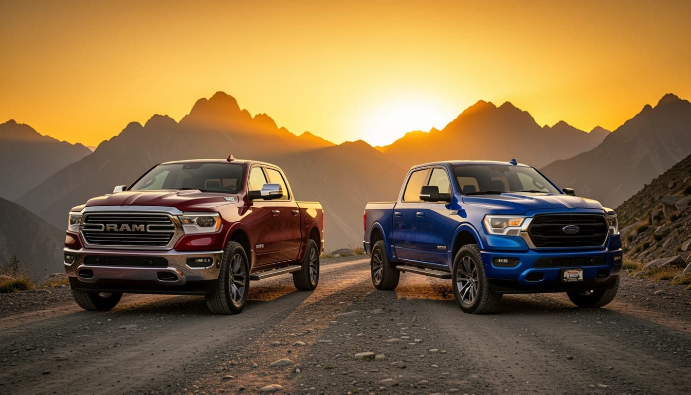 A 2026 Ram 1500 and Ford F-150 parked side-by-side in a rugged outdoor setting
