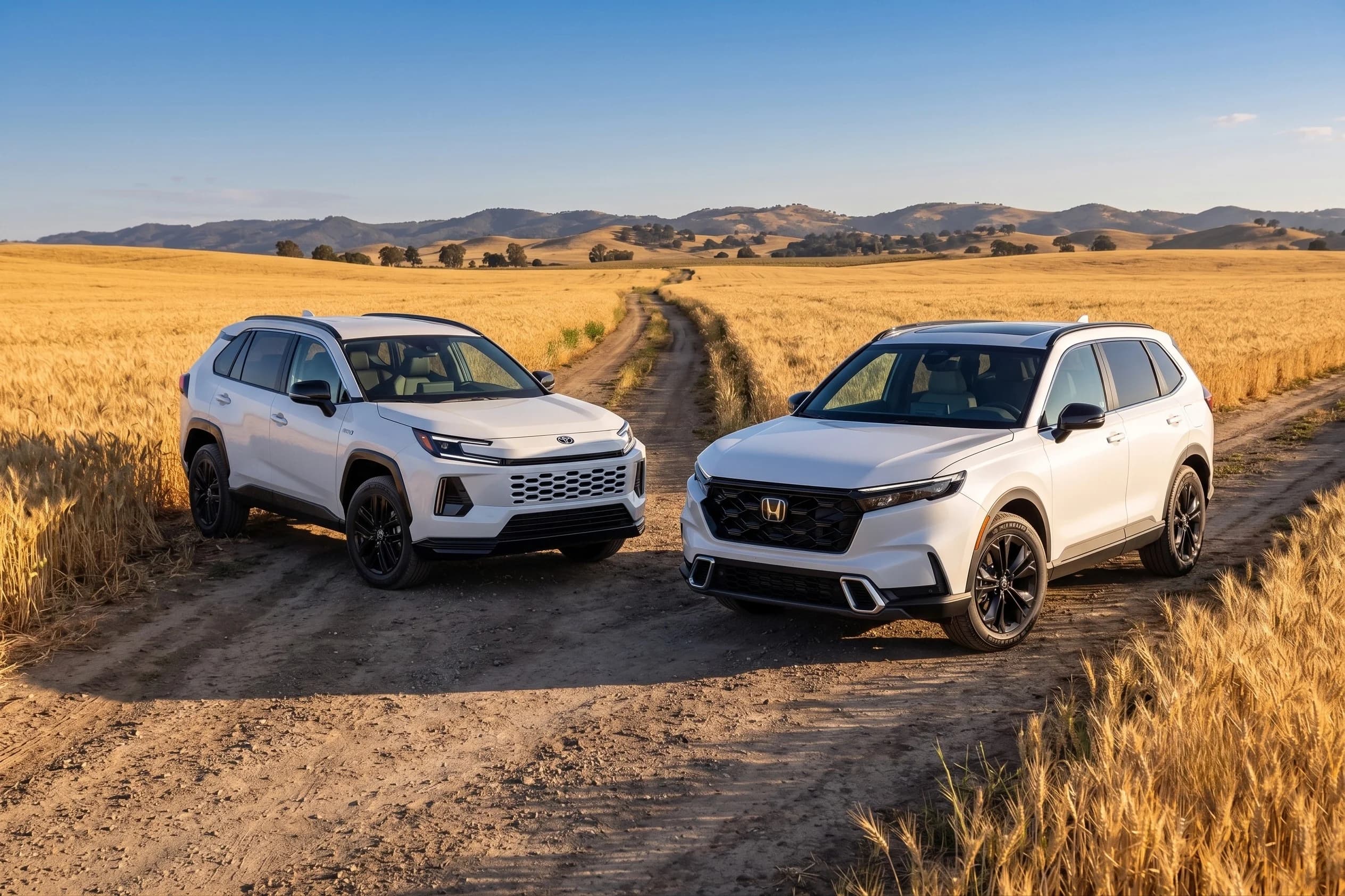 A 2026 Toyota RAV4 Hybrid and Honda CR-V Hybrid parked side-by-side on a mountain road