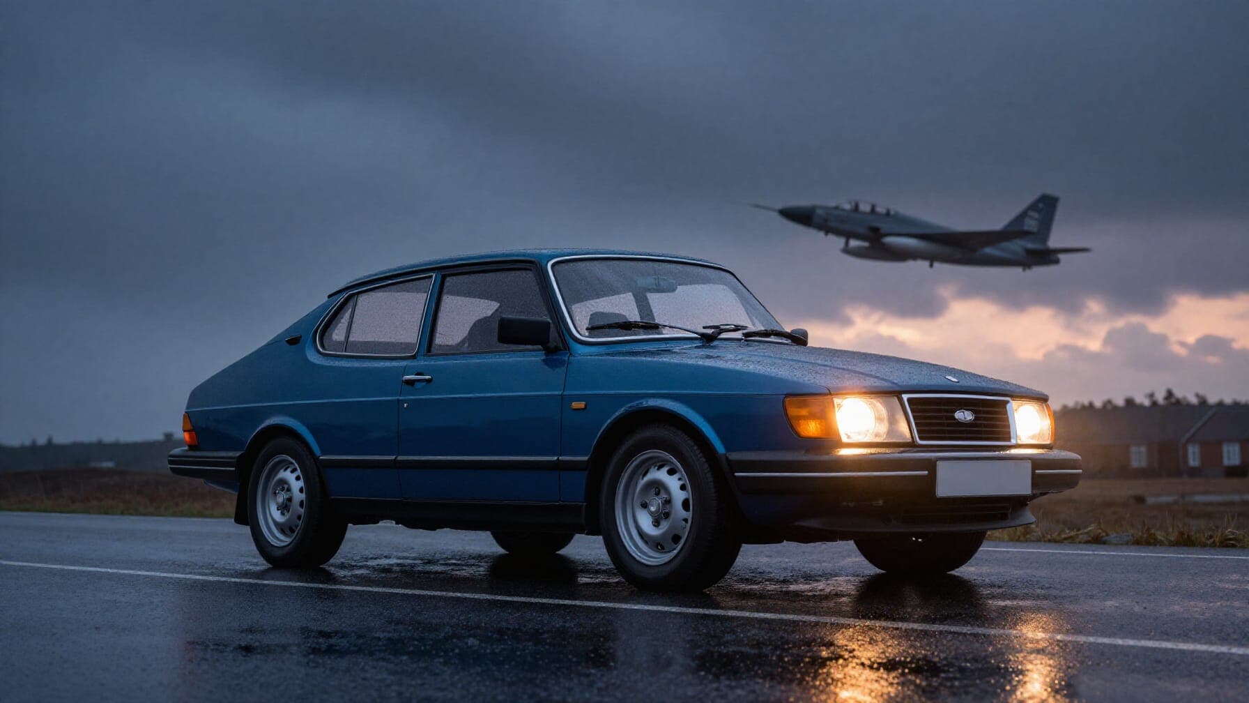 A melancholic dusk scene of a Saab 900 Turbo on a rain-slicked Swedish road with a fighter jet silhouette in the stormy sky