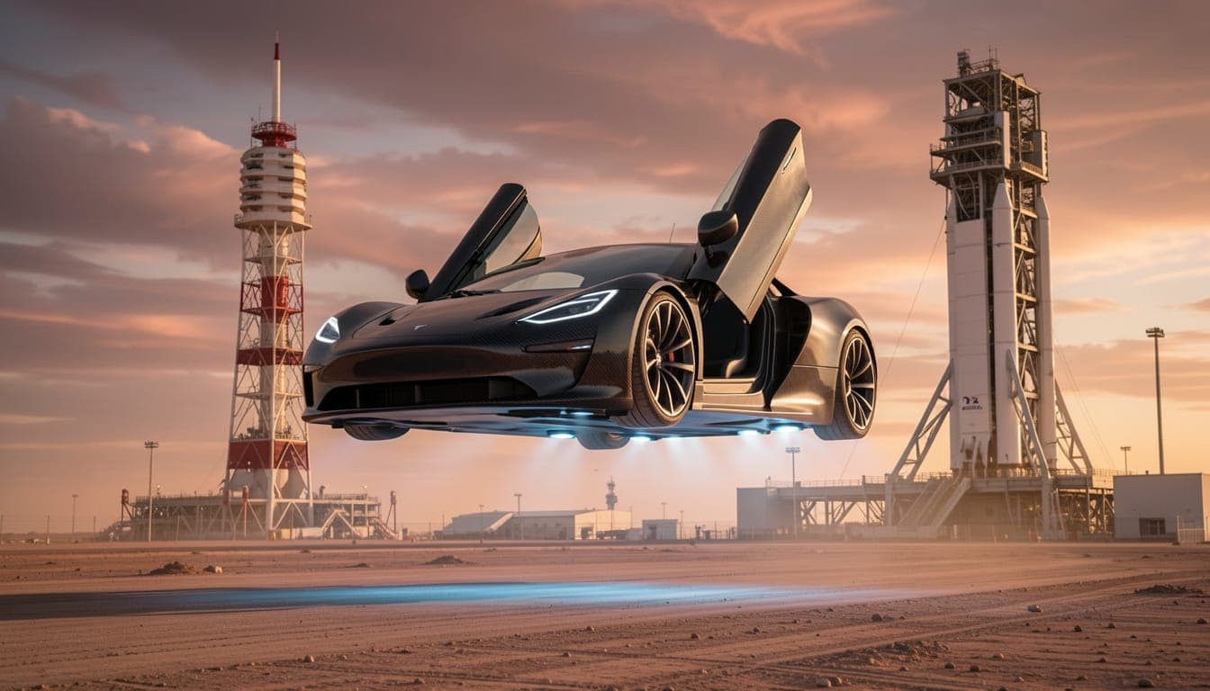 A futuristic Tesla Roadster with SpaceX thrusters, hovering above the ground