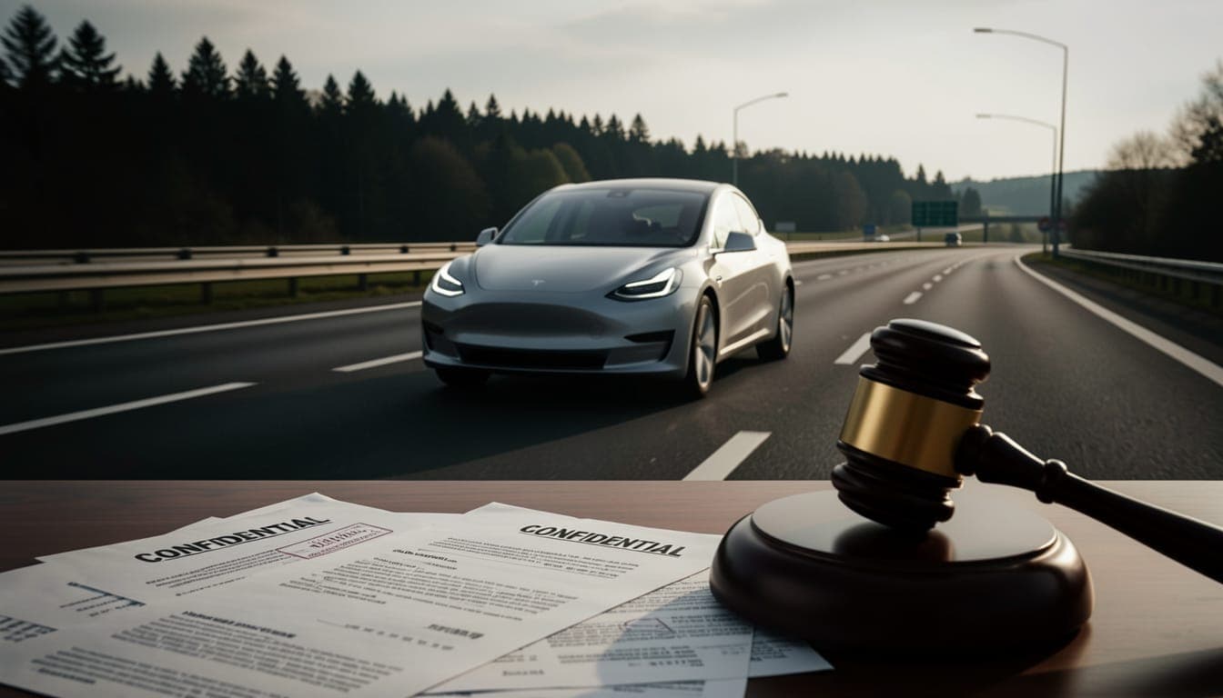 A Tesla vehicle on a European highway with documents stamped 'CONFIDENTIAL' in the foreground