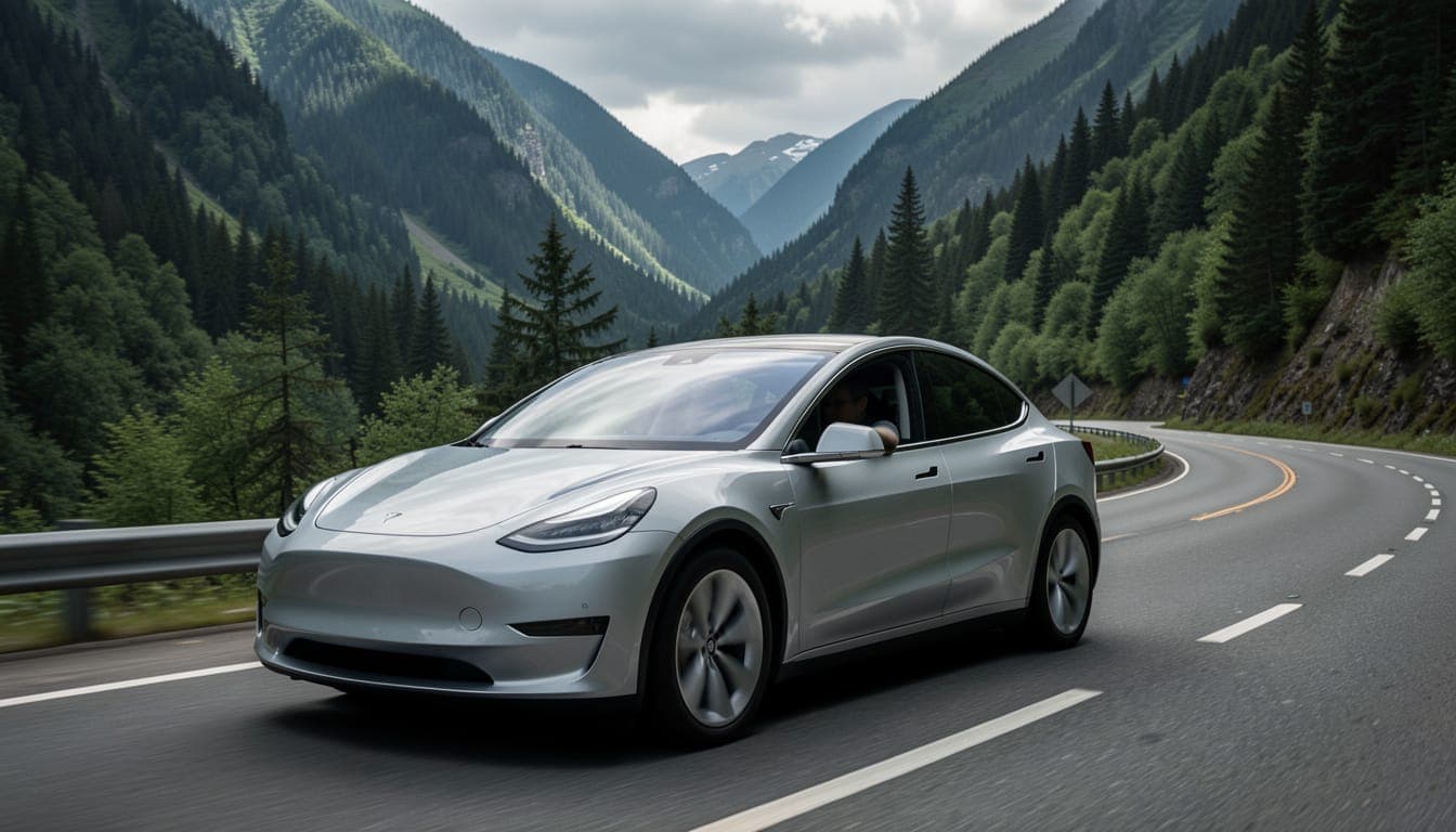 A Tesla Model Y driving on a winding mountain highway in British Columbia