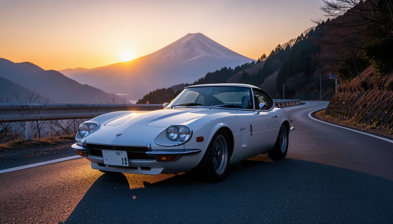 A low, sleek aluminum Toyota 2000GT coupe on a quiet mountain road at golden hour, long bonnet and wrap-around glass highlighted