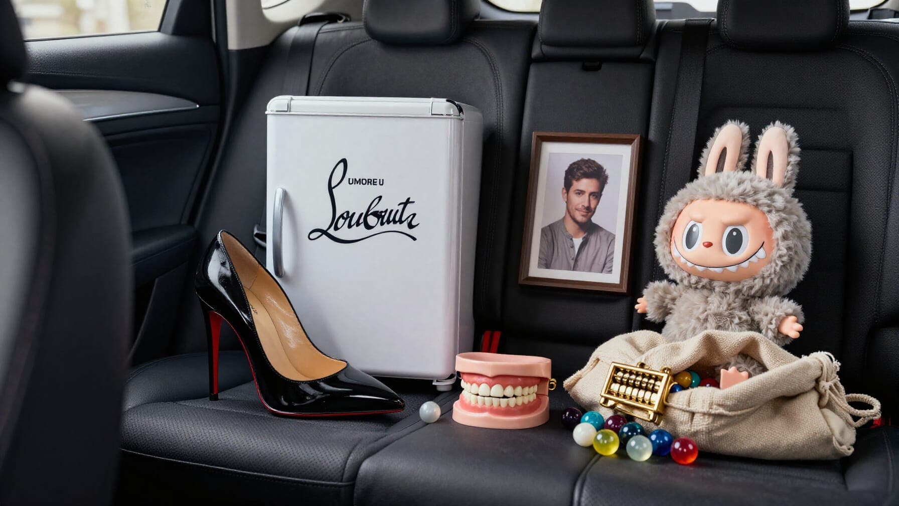 A cluttered Uber backseat filled with absurd lost items
