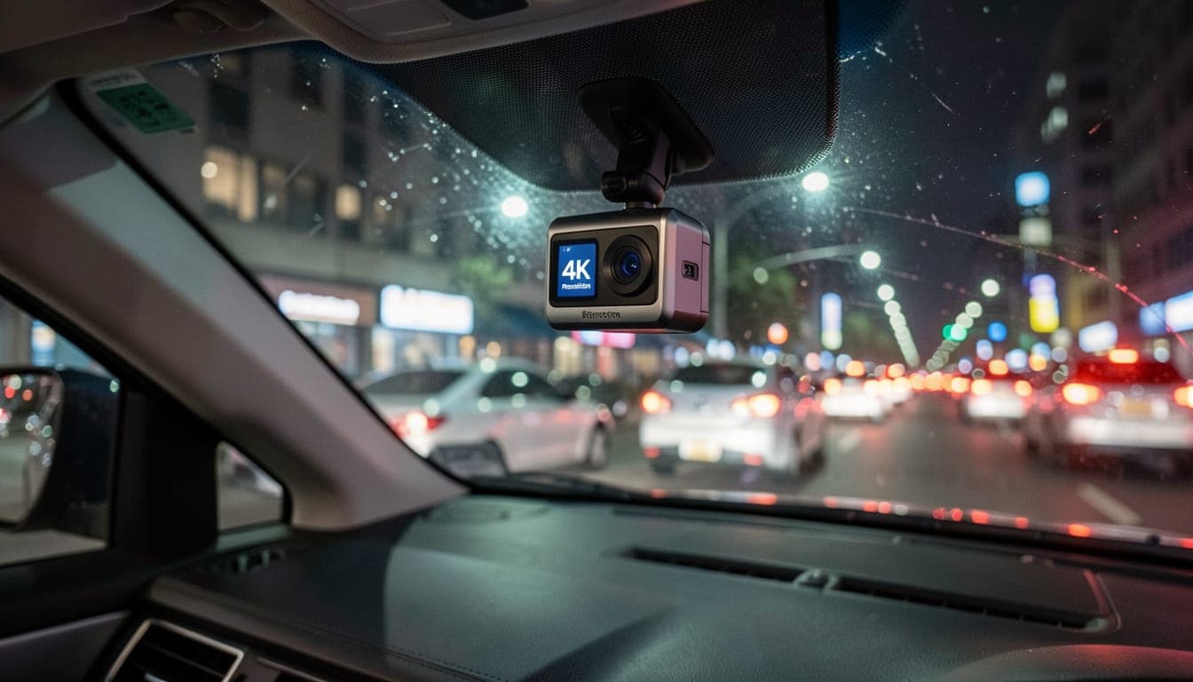 A sleek dash cam mounted on a car windshield with city lights at night