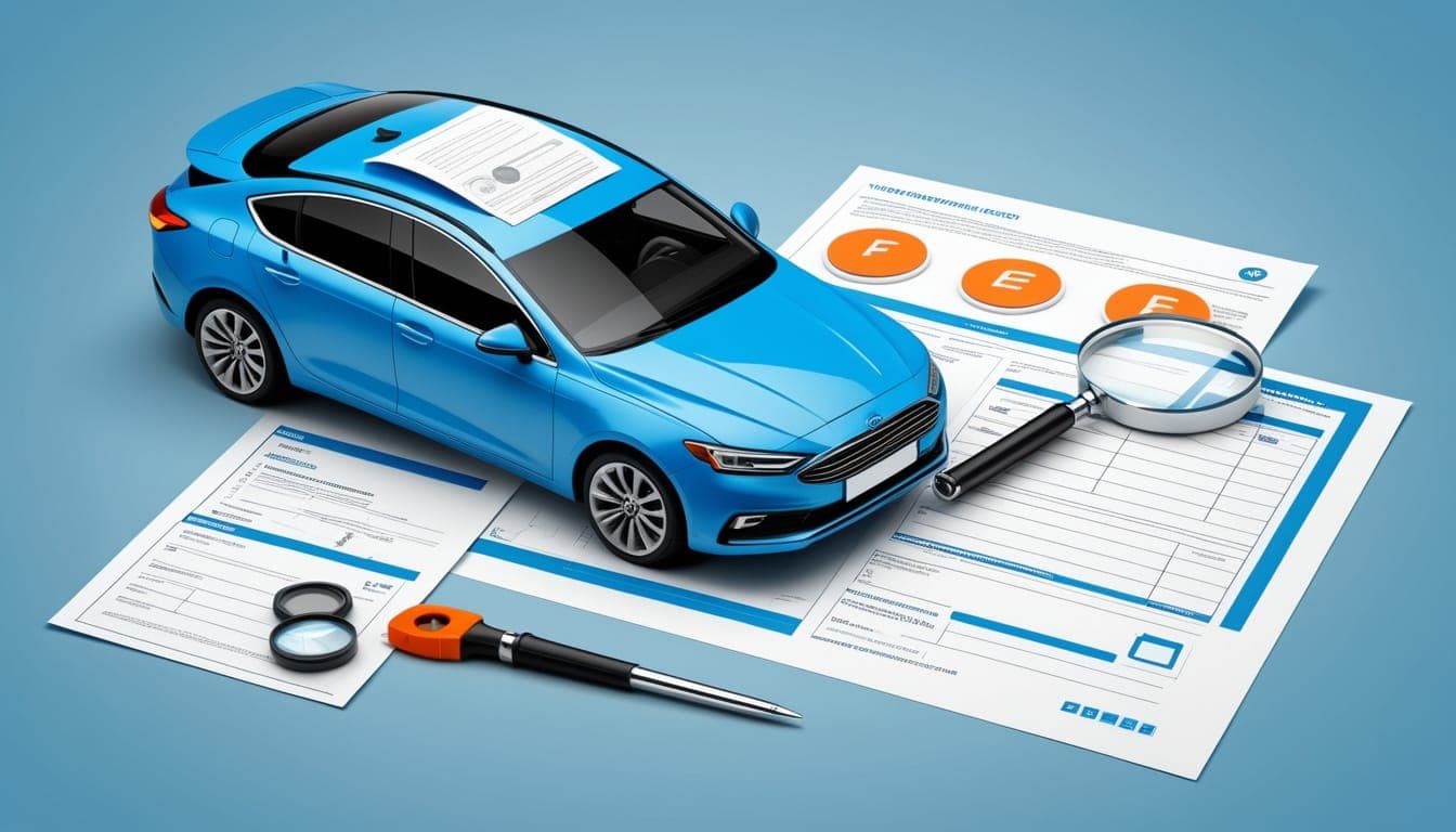 A clean infographic-style image showing a used car buying checklist with a magnifying glass over a car, paperwork, and diagnostic tools