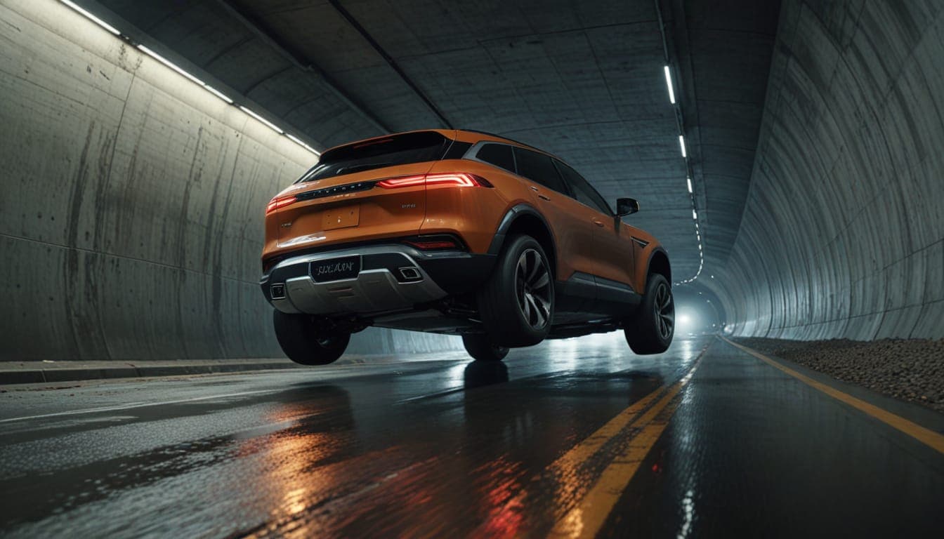 A Voyah Passion S electric SUV driving upside down through a tunnel
