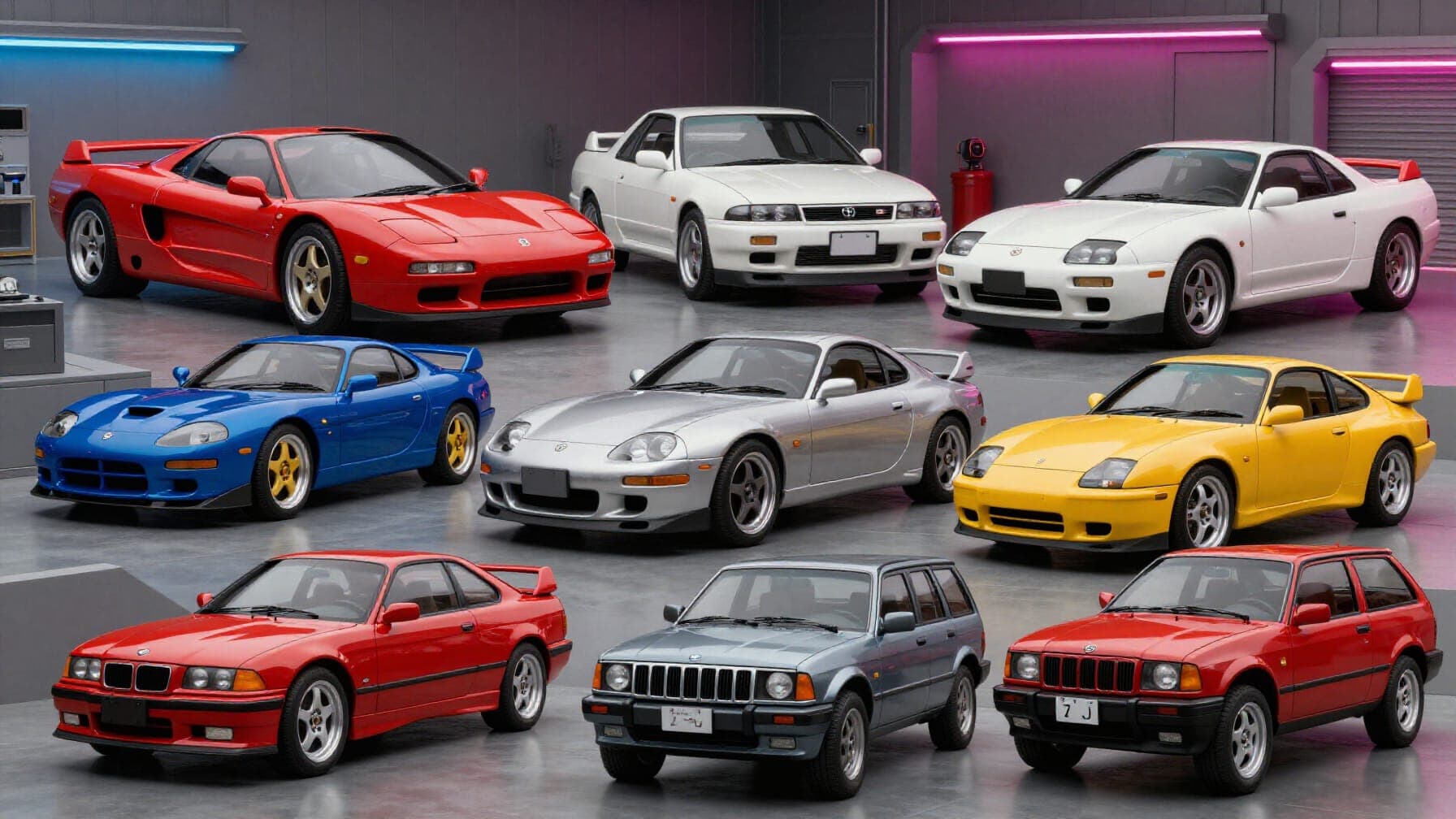 A dramatic collage of the 10 most iconic cars of the 1990s arranged in a dynamic layout with neon lighting