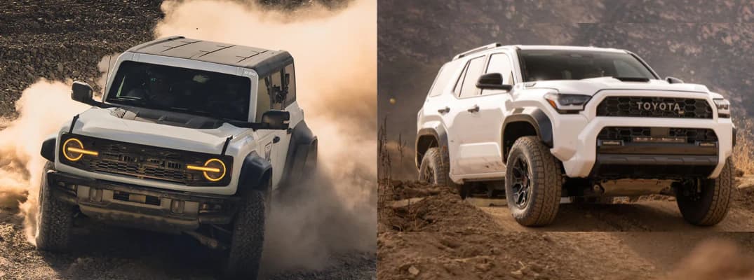 A dramatic side-by-side comparison shot of a 2026 Toyota 4Runner TRD Pro and Ford Bronco Raptor on a rocky mountain trail at sunset