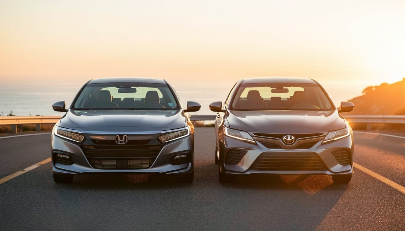A 2026 Honda Accord and Toyota Camry parked side-by-side on a coastal highway at sunset