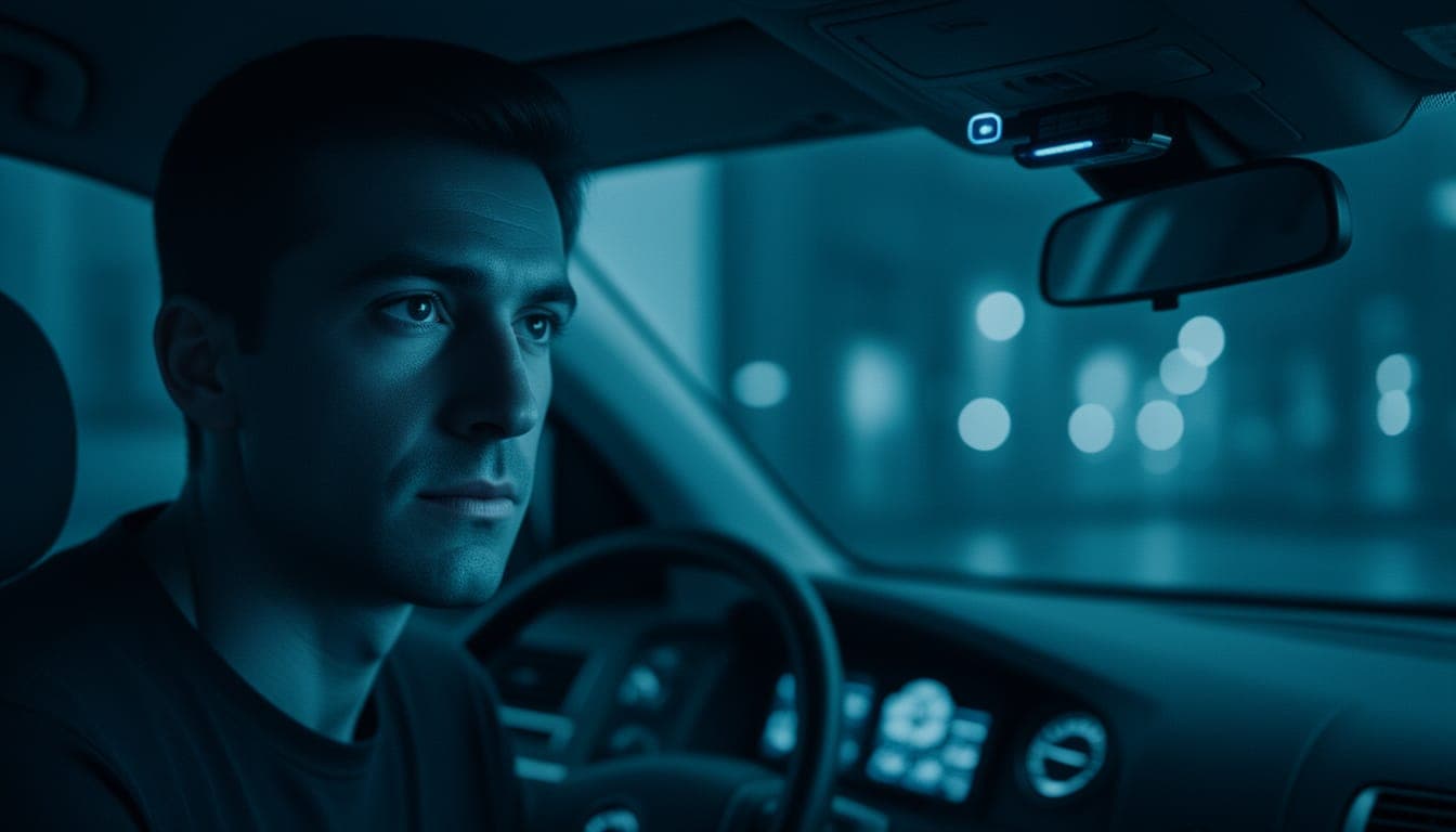 A car interior with an infrared camera mounted on the dashboard, watching the driver