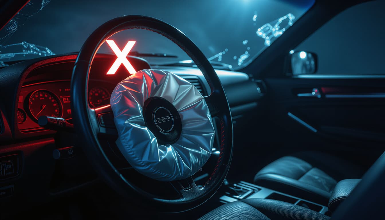 A dramatic shot of a steering wheel with the airbag cover removed, revealing a damaged inflator marked DTN60DB, with a VIN plate in the background
