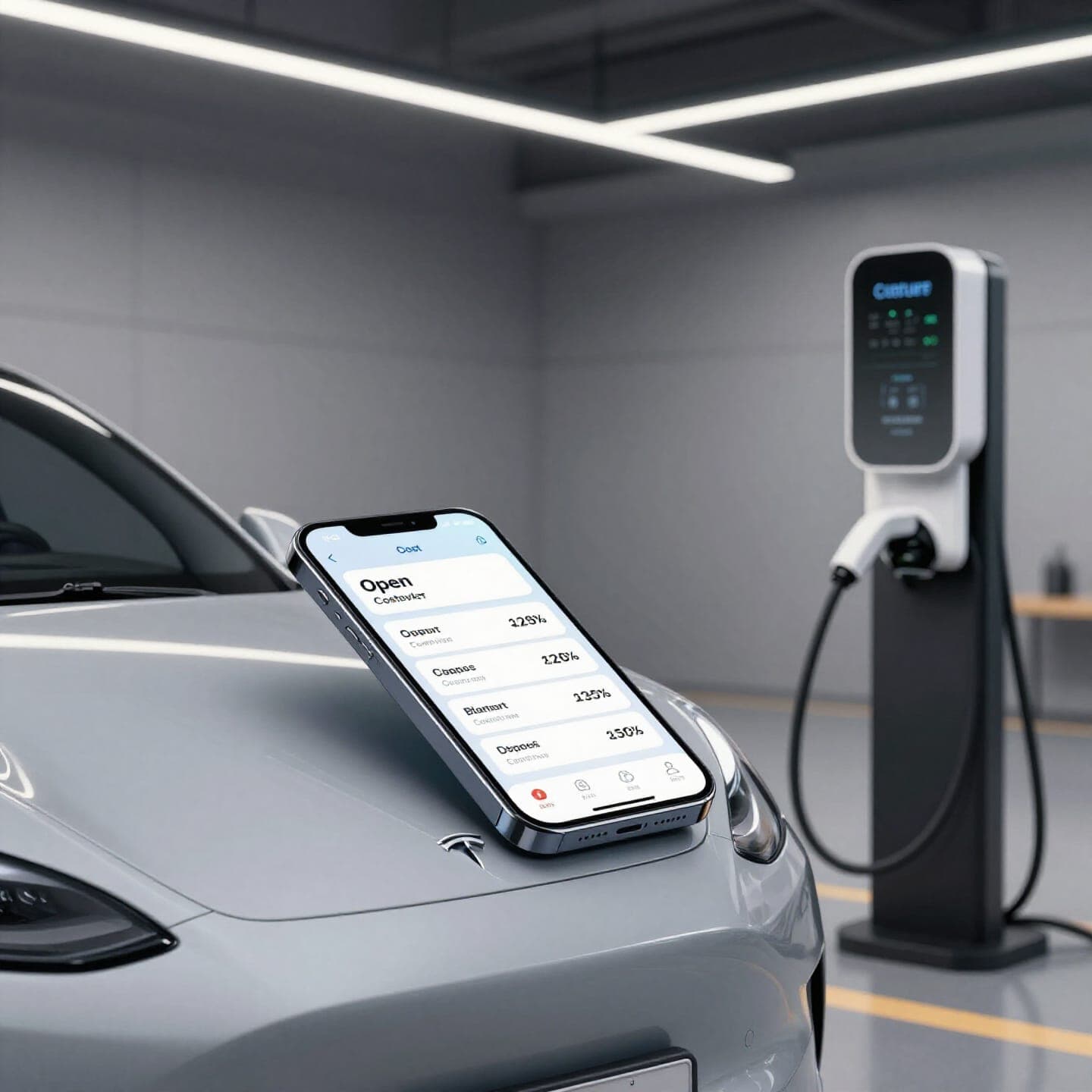 An electric vehicle plugged into a charging station with a smartphone showing a cost calculator on the hood