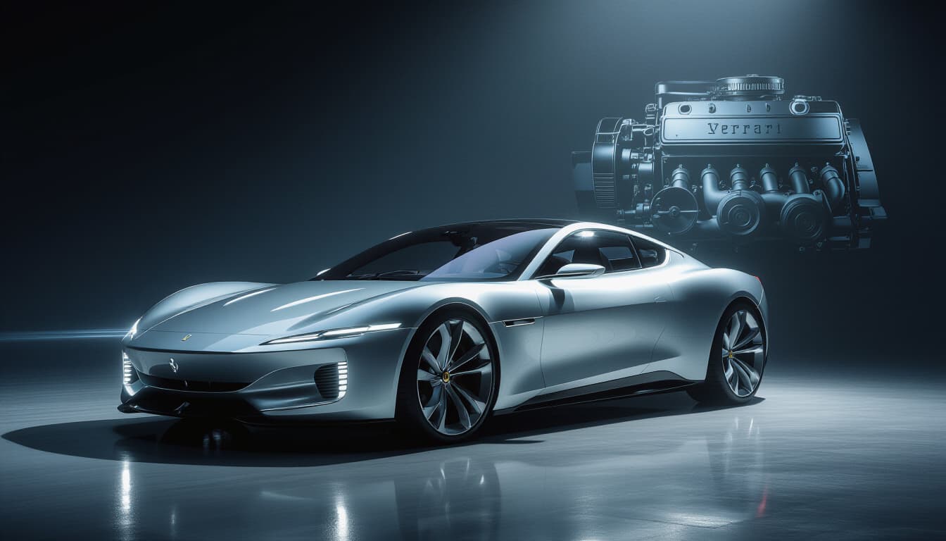 A dramatic shot of a Ferrari Luce electric sedan in a dark studio, with a ghostly, faded image of a classic Ferrari V12 engine in the shadows behind it