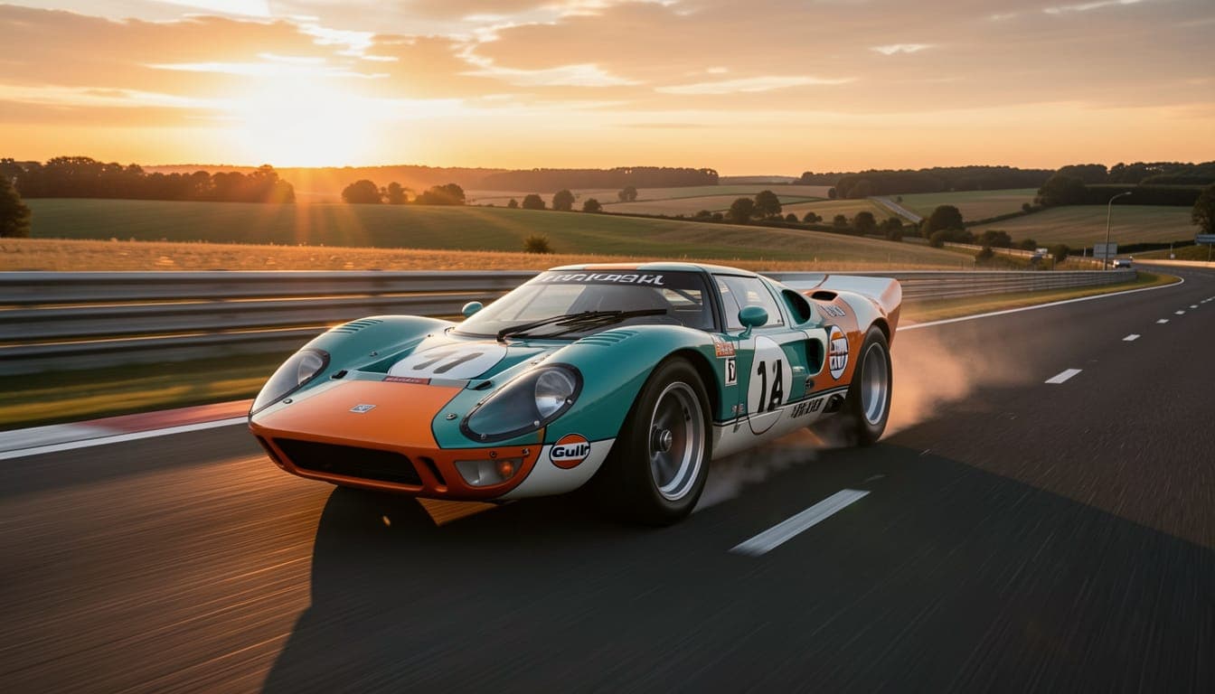 A Ford GT40 Mk II in Gulf Oil racing livery at speed on the Mulsanne Straight at Le Mans