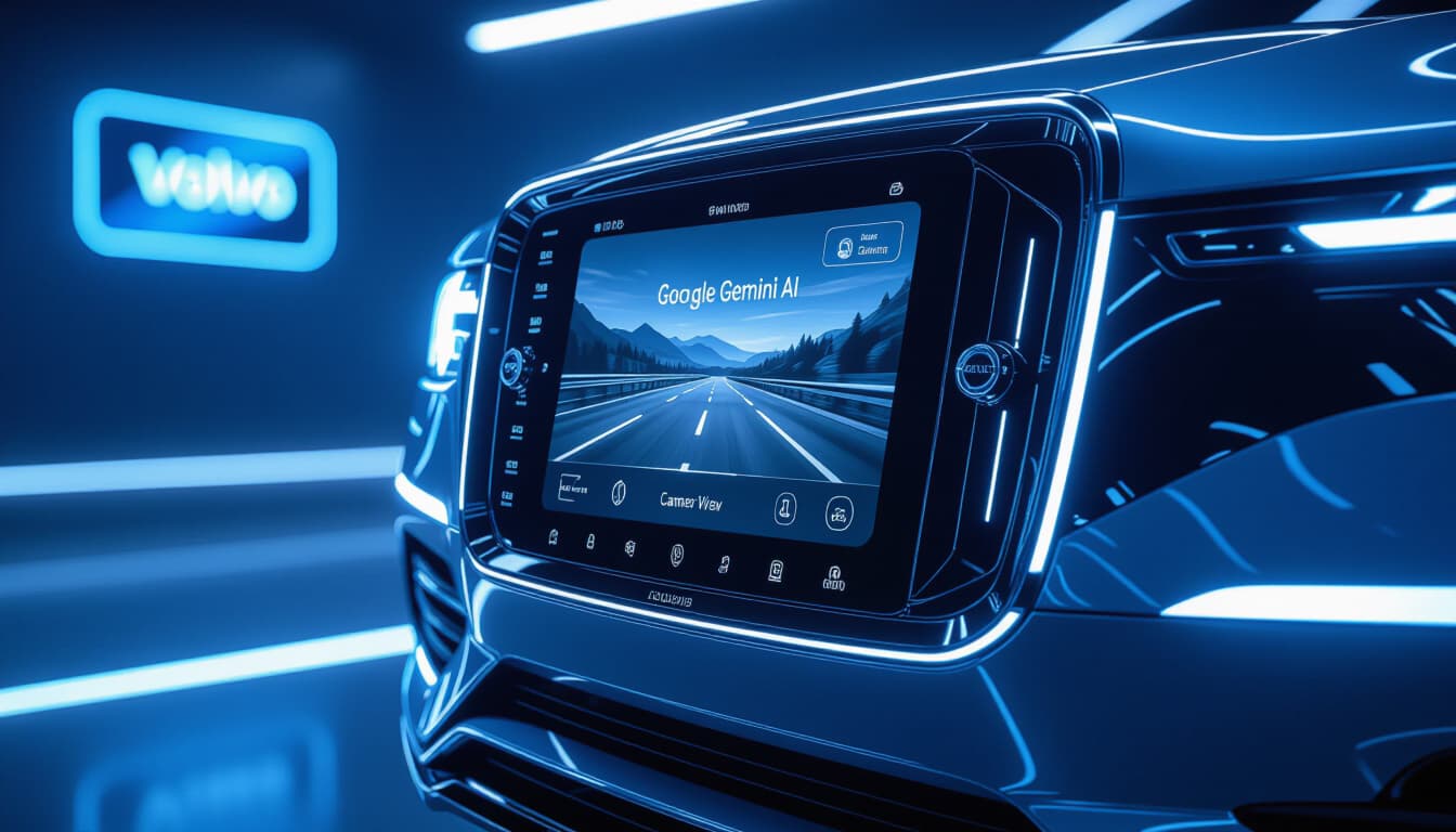 A futuristic dashboard with a large infotainment screen displaying Google Gemini AI interface with a camera view of the road